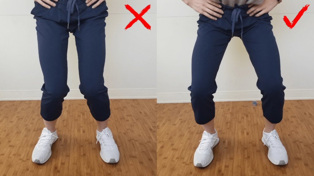 Showing bad and good squat form as a part of physiotherapy treatment