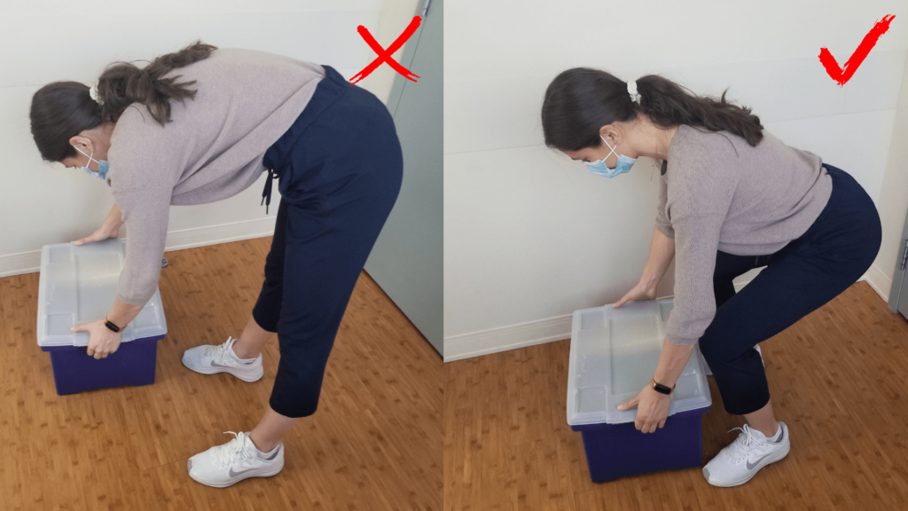 Showing bad and good lifting techniwue as a part of physiotherapy treatment