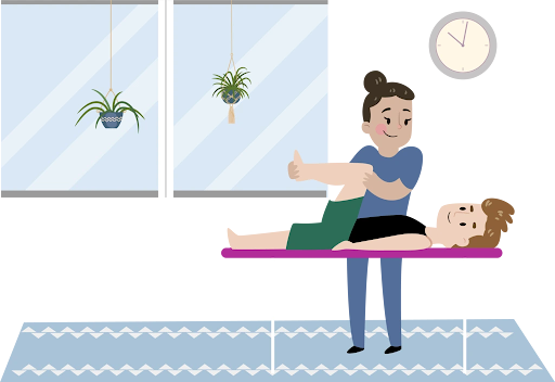 a cartoon of a physiotherapist performing a treatment on a young man during his in-home physiotherapy treatment