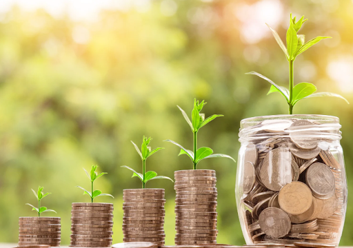 Progressively taller stacks of coins with plants on top, culminating in a larger jar of coins with a taller plant on top