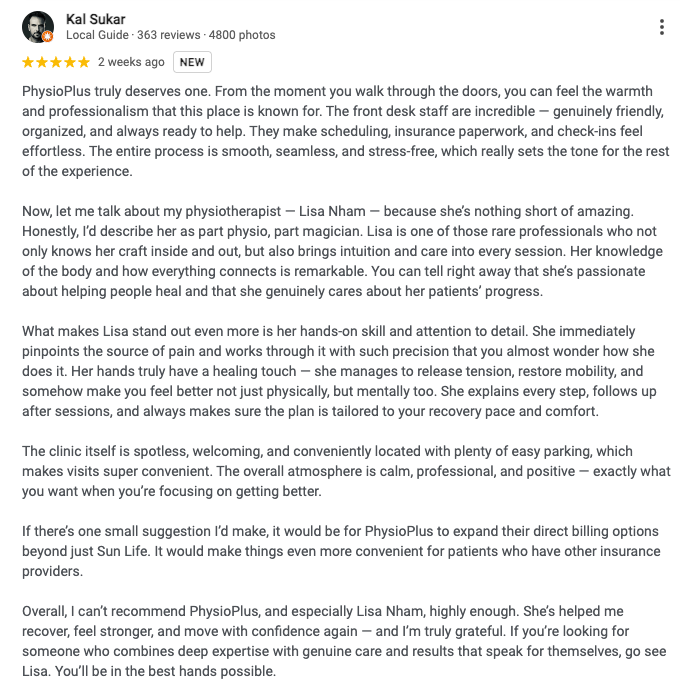 Lisa Nham Physiotherapist PhysioPlus Health Group Review 1